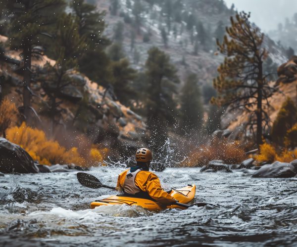 Kayaker navigating through mild rapids on a river, with splashes of water and rugged terrain in the background. The determination and skill of the kayaker are evident as they steer through the challenge